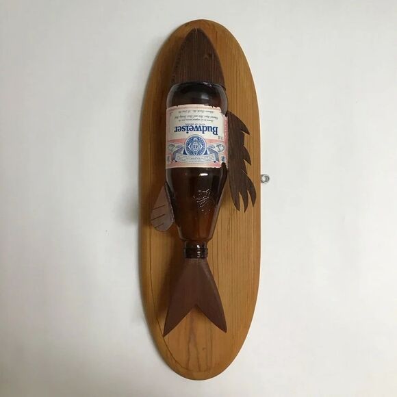 Budweiser Beer Bottle Fish Wall Plaque Wood Handmade Bud Folk Art Bar Decor 80’s - Picture 16 of 16